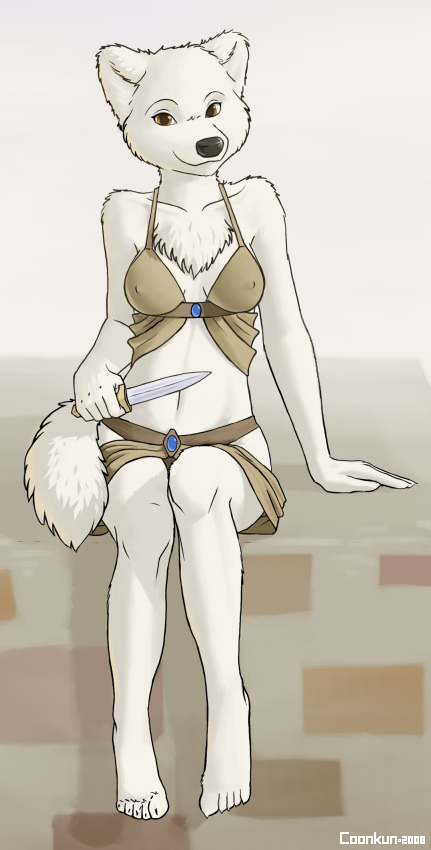 breasts canine chest_tuft coonkun dagger dog female katja knife midriff samoyed sitting skimpy solo weapon white