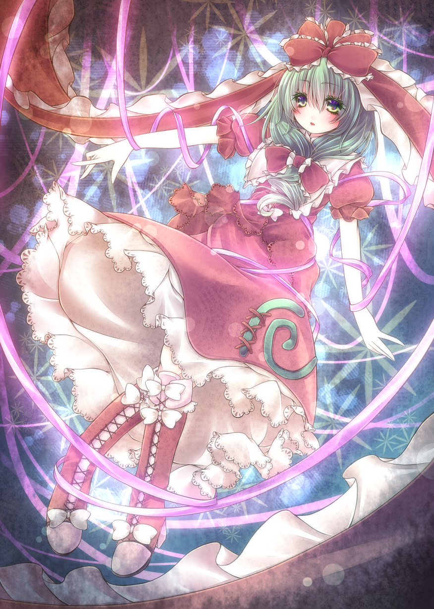 boots bow cross-laced_footwear dress fetefeteli frills front_ponytail green_eyes green_hair hair_bow highres kagiyama_hina lace-up_boots short_hair solo touhou