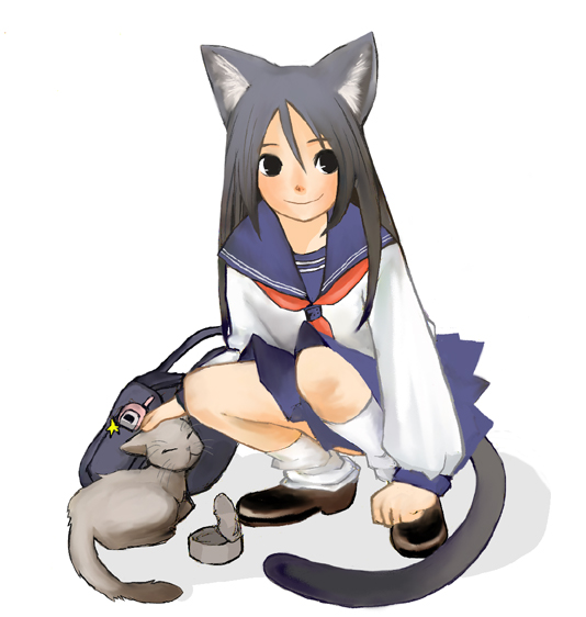 animal_ears cat cat_ears cat_tail copyright_request grey_hair long_hair necktie neoko school_uniform skirt smile solo tail