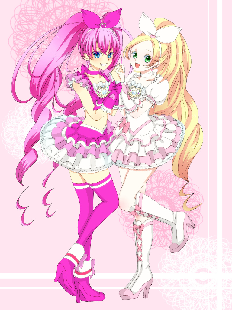 blonde_hair blue_eyes blush boots bow brooch choker cure_melody cure_rhythm dress earrings green_eyes grin heart holding_hands houjou_hibiki jewelry knee_boots long_hair magical_girl midriff minamino_kanade multiple_girls open_mouth pink_bow pink_choker pink_hair ponytail precure skirt smile suite_precure thighhighs twintails very_long_hair white_choker wrist_cuffs