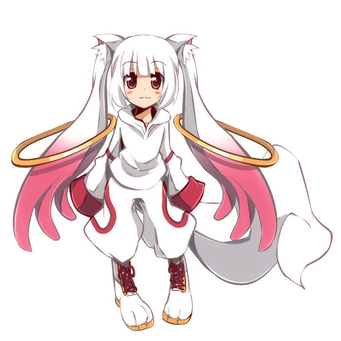 androgynous animal_ears boots brown_eyes cat_ears earrings full_body jewelry kyubey mahou_shoujo_madoka_magica personification red_eyes simple_background solo tail tom_(drpow) white_hair