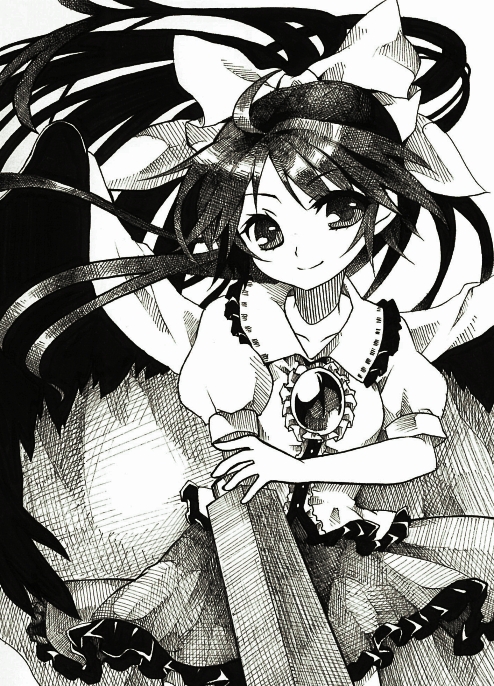arm_cannon arm_hug bow greyscale hair_bow long_hair looking_at_viewer monochrome reiuji_utsuho smile solo touhou very_long_hair weapon wings yutsuka_(amyucca)