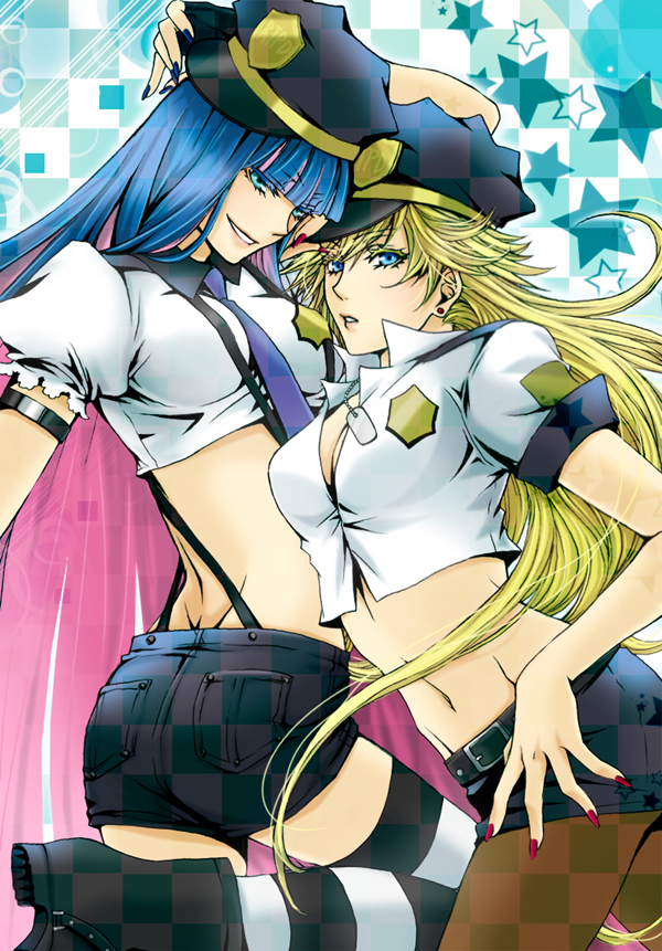 adapted_uniform blonde_hair blue_eyes boots breasts cleavage grin hat long_hair medium_breasts midriff multicolored_hair multiple_girls necktie panty_&amp;_stocking_with_garterbelt panty_(psg) pantyhose police police_uniform ruka_mayumi shorts smile star stocking_(psg) striped striped_legwear suspenders thighhighs two-tone_hair uniform