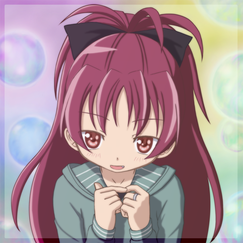 anime_coloring bad_id bad_pixiv_id blush bow bubble curancuran face fang hair_bow hood hoodie jewelry long_hair mahou_shoujo_madoka_magica official_style ponytail portrait red_eyes red_hair ring sakura_kyouko shy solo
