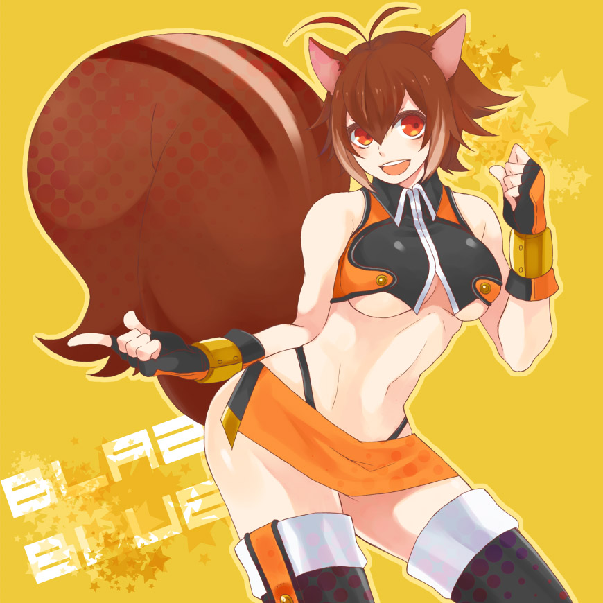 animal_ears antenna_hair bad_id bad_pixiv_id bare_shoulders blazblue boots breasts brown_eyes brown_hair copyright_name fingerless_gloves gloves large_breasts makoto_nanaya midriff navel orange_skirt revealing_clothes short_hair skirt smile solo squirrel_ears squirrel_tail tail tako_(fkkdn) thigh_boots thighhighs underboob