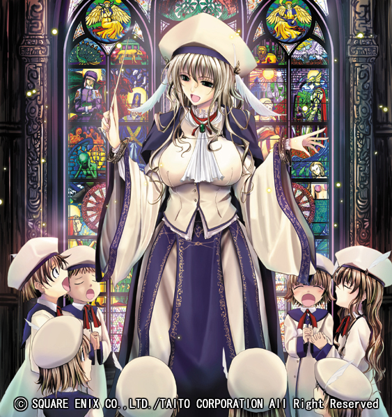 blonde_hair breasts child closed_eyes hat large_breasts multiple_girls nun open_mouth stained_glass tana_(garyuh-chitai) yuukyuu_no_sharin