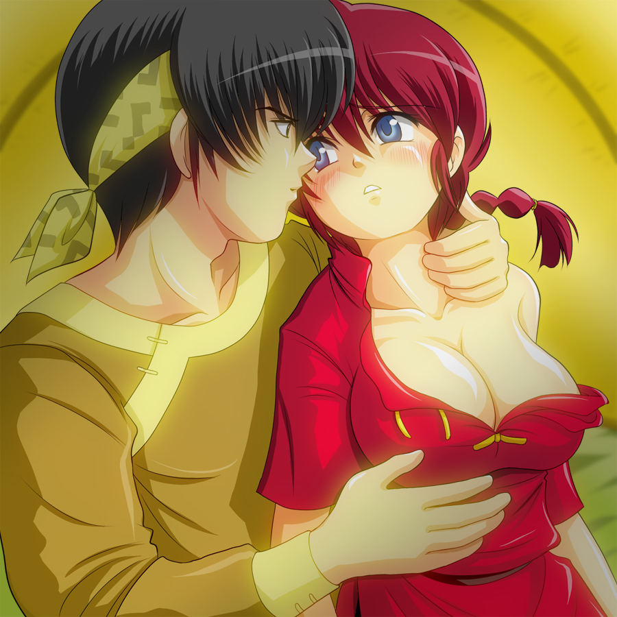 1girl black_hair blue_eyes blush braid breasts chinese_clothes cleavage couple genderswap genderswap_(mtf) headband hetero hibiki_ryouga large_breasts long_hair ranma-chan ranma_1/2 red_hair saotome_ranma shimeta_hiromitsu single_braid tangzhuang