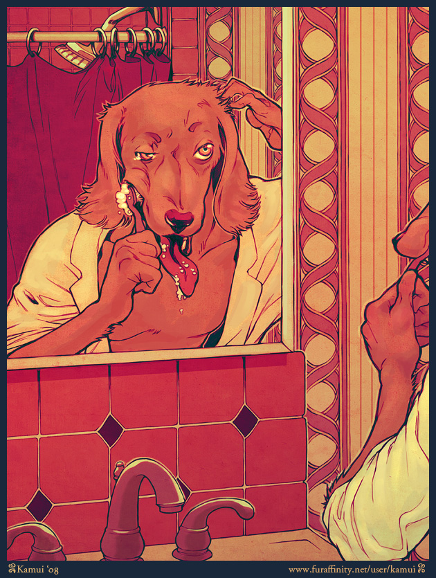 bathroom brushing_teeth canine dog kamui male mirror o_0 reflection restricted_palette slice_of_life solo tongue toothbrush waking