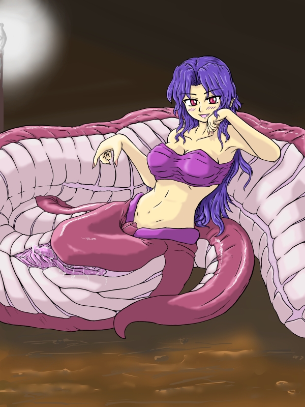 bikini_top blue_hair blush breasts invitation kaname_(artist) lamia large_breasts looking_at_viewer monster_girl naga navel pussy pussy_juice red_eyes slime snake solo tail unbirthing