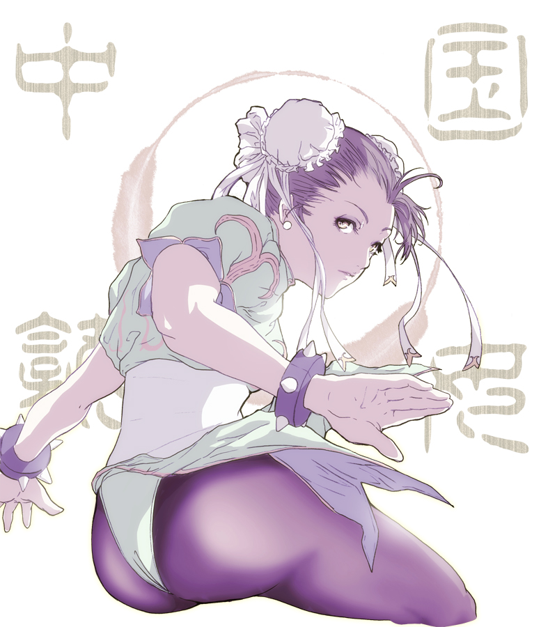 ass bun_cover chun-li double_bun from_behind inugami_mokekiyo looking_back pantyhose purple_hair solo street_fighter wristband