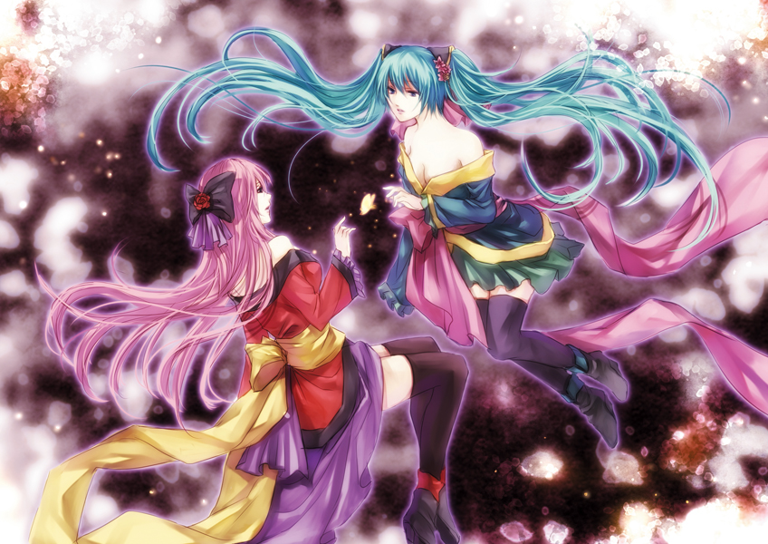 aqua_hair bare_shoulders breasts bug butterfly chou_(module) cleavage floating_hair hair_ornament hana_(module) hatsune_miku insect long_hair magnet_(vocaloid) medium_breasts megurine_luka multiple_girls obi pink_hair project_diva_(series) project_diva_2nd sash shinhwe thighhighs twintails very_long_hair vocaloid