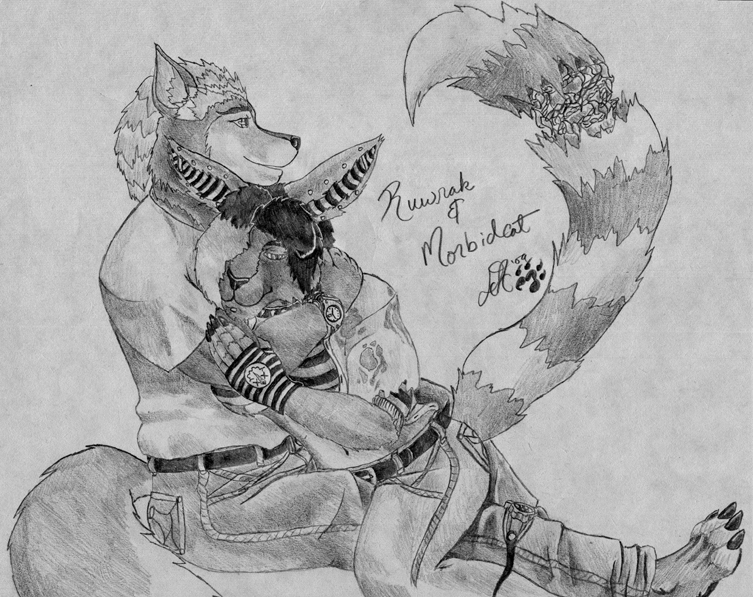 canine couple daelyhelaxon ear_piercing feline fingerless_gloves goggles greyscale piercing snuggle tail_ring watch wolf
