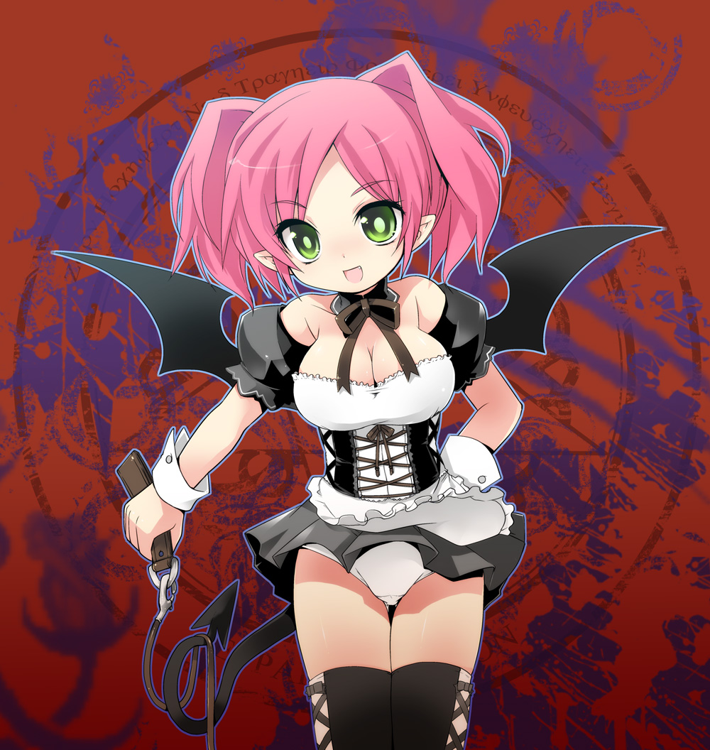 artist_request bare_shoulders bat_wings breasts cleavage demon demon_tail green_eyes large_breasts leash maid ojousama_(kamiyoshi) open_mouth original panties pink_hair pointy_ears solo tail thighhighs twintails underwear uniform wings wrist_cuffs