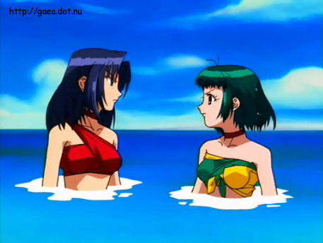 2girls angry bare_shoulders blue_hair breasts choker cloud clouds farah_oersted green_eyes green_hair long_hair marone_bluecarno red_eyes ribbon_choker rival rivalry rivals serious short_hair sky strapless tales_of_(series) tales_of_eternia water wet