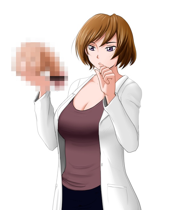 breasts brown_hair censored cleavage copyright_request futon_suki large_breasts penis purple_eyes short_hair solo_focus