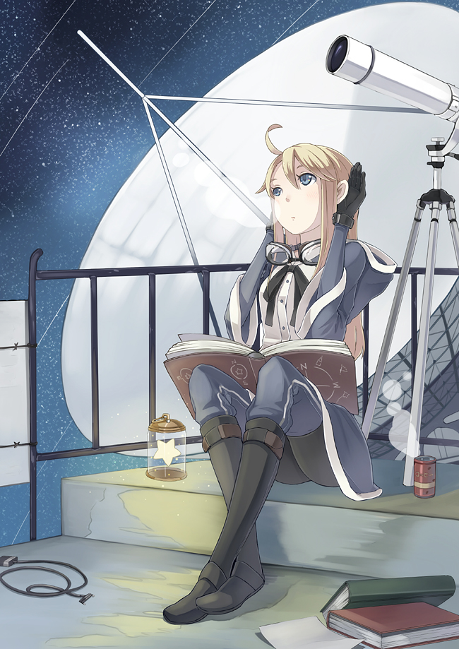 ataru_(ataru_squall) blonde_hair blue_eyes book boots cable can gloves goggles long_hair looking_up night night_sky original railing satellite_dish sitting sky solo star star_(sky) stargazing starry_sky telescope