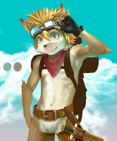 backpack bottomless canine crotch_tuft cub dog goggles kiske_7key leather male solo sword topless weapon 七鍵きすく