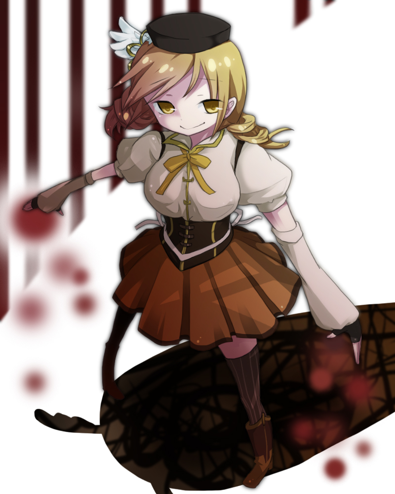 bad_id bad_pixiv_id beret blonde_hair boots breasts charlotte_(madoka_magica) detached_sleeves drill_hair fingerless_gloves gloves hair_ornament hat large_breasts mahou_shoujo_madoka_magica pleated_skirt rooto shadow skirt smile solo thighhighs tomoe_mami yellow_eyes