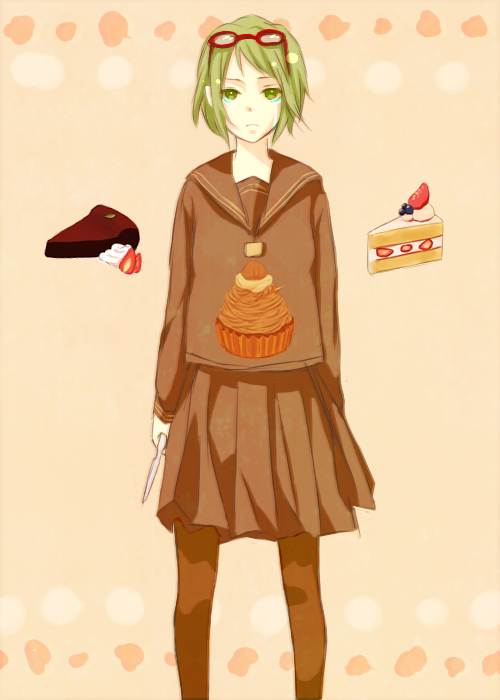 bad_id bad_pixiv_id cake dessert eyewear_on_head food glasses green_eyes green_hair gumi kana_(kwbr) knife mont_blanc_(food) pantyhose pastry school_uniform serafuku short_hair solo tears vocaloid yowamushi_mont-blanc_(vocaloid)