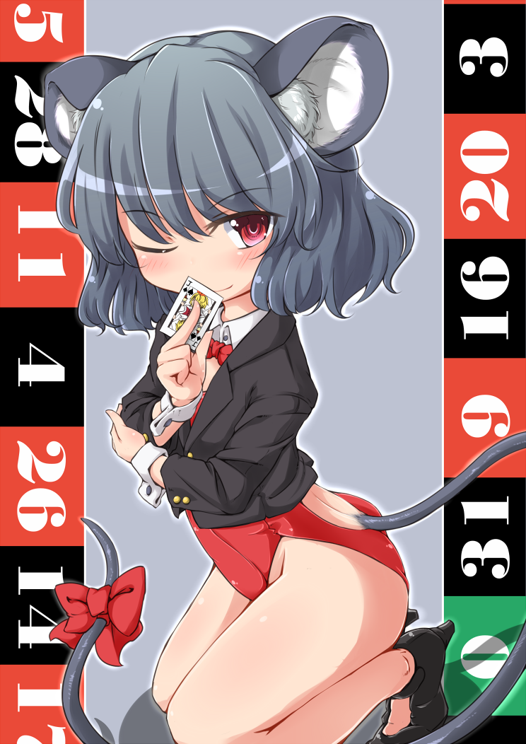 animal_ears ass bare_legs bow bowtie card cropped_jacket detached_collar grey_hair highleg highleg_leotard holding holding_card kneeling leotard mouse_ears mouse_tail nazrin no_socks playboy_bunny_leotard red_eyes red_leotard roulette short_hair solo tail tail_bow tec toramaru_shou touhou wrist_cuffs