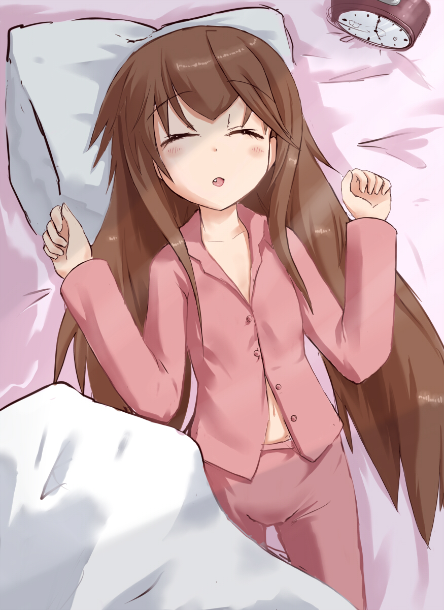 brown_hair eyes_closed fang highres huang_lingyin infinite_stratos long_hair lying midriff navel on_bed open_mouth sleeping