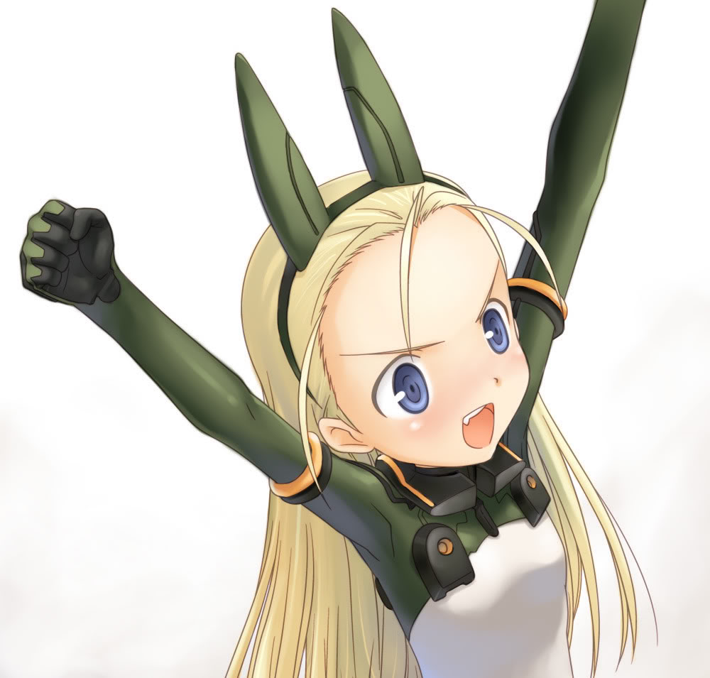 \o/ animal_ears arms_up artist_request blonde_hair blue_eyes bodysuit elise_von_dietrich fake_animal_ears fang forehead headband headgear long_hair motion_slit open_mouth outstretched_arms pilot_suit simple_background sky_girls solo white_background
