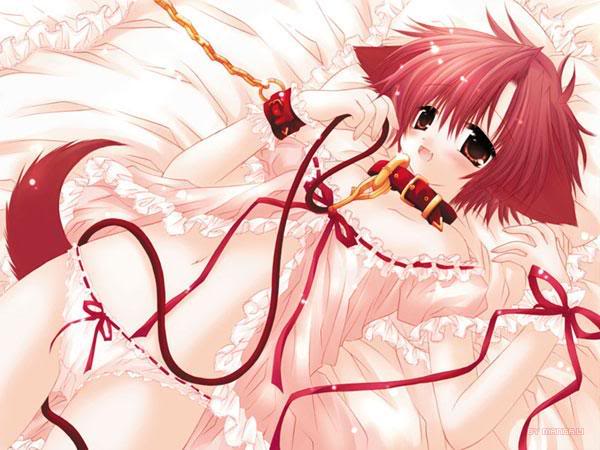 animale_ears babydoll blush bow bows breasts brown_eyes canine chain chains clothed clothing collar dog exposed_middirft female hair human leash lingerie mammal nightgown open_mouth panties red_hair ribbons skimpy small_breasts solo tail underwear unknown_artist