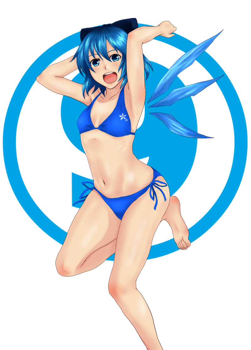 1girl bad_id bad_pixiv_id bikini blue_eyes blue_hair bow cirno hair_bow solo swimsuit touhou wings yusuki_(fukumen)