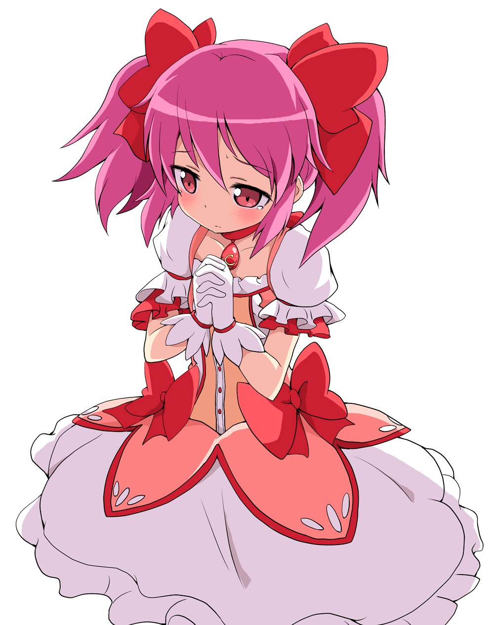 blush bow choker gloves hair_bow hands_clasped highres jewelry kaname_madoka mahou_shoujo_madoka_magica massala own_hands_together pendant pink_eyes pink_hair praying puffy_sleeves red_choker sad short_hair short_twintails skirt solo tears twintails