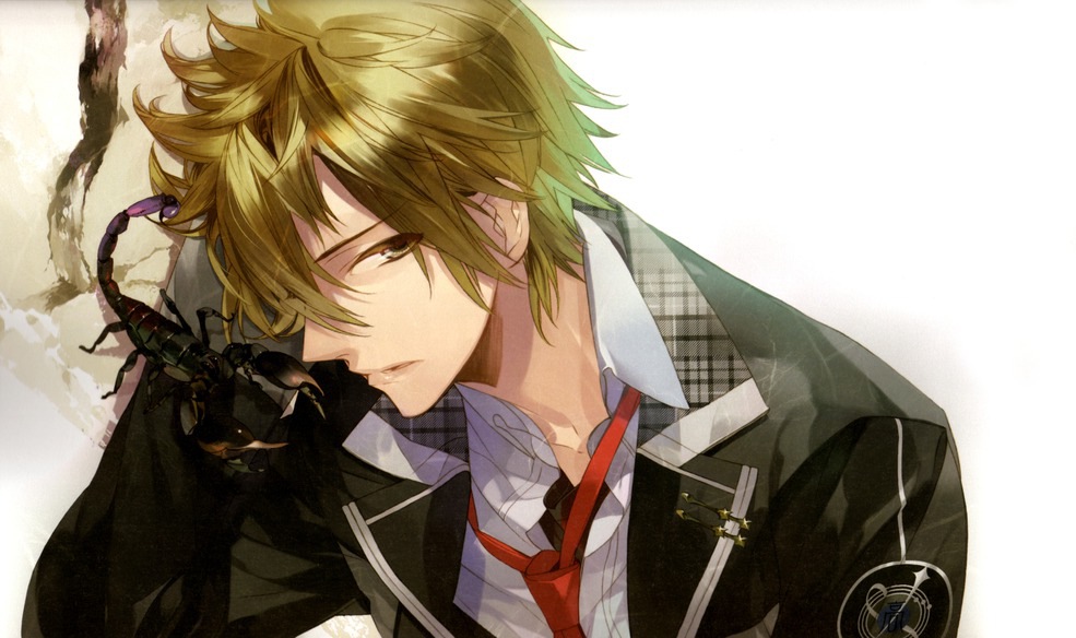 artist_request double_bun expressionless gakuran jacket looking_at_viewer male_focus miyaji_ryunosuke open_clothes open_jacket parted_lips school_uniform scorpio simple_background solo starry_sky_(game) upper_body white_background zodiac