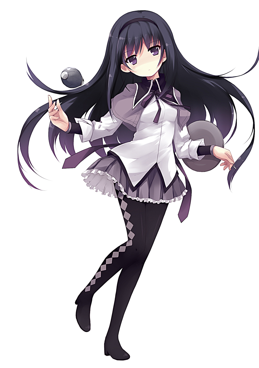 akemi_homura bad_id bad_pixiv_id black_hair boots explosive expressionless full_body grenade hairband highres liong long_hair looking_at_viewer magical_girl mahou_shoujo_madoka_magica no_nose pantyhose purple_eyes shield simple_background solo