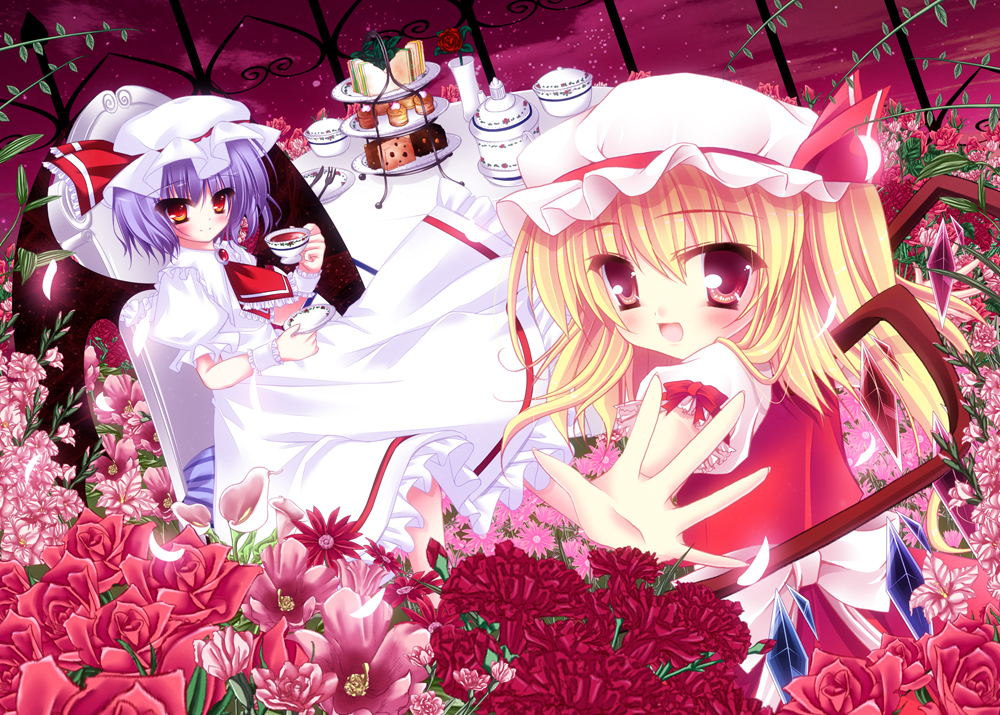 bad_id bad_pixiv_id bat_wings blonde_hair dutch_angle flandre_scarlet flower food hat kirihara_natsuki multiple_girls outstretched_hand purple_hair red_eyes remilia_scarlet ribbon siblings sisters sitting smile tea touhou wings