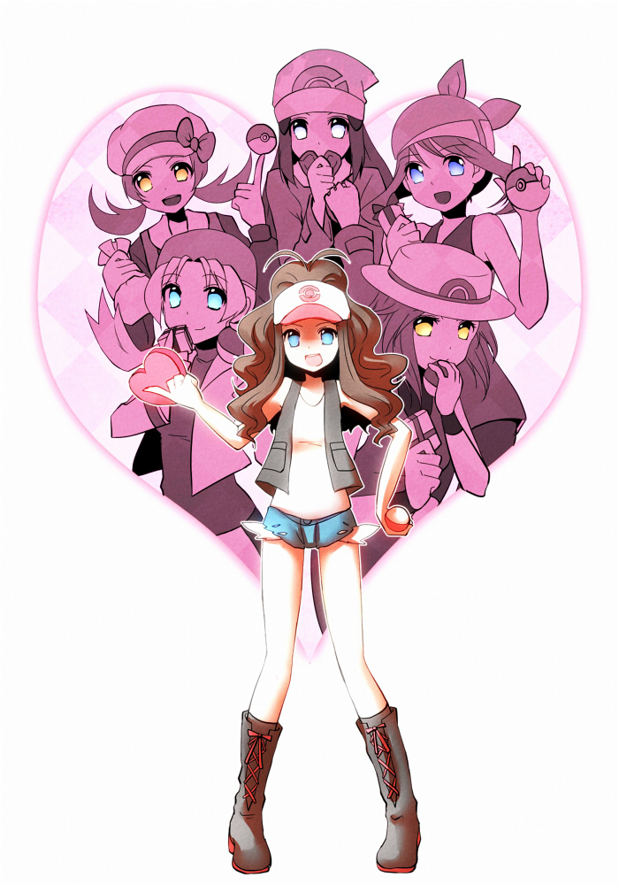 6+girls 6girls baseball_cap blue_(pokemon) blue_eyes brown_hair candy crystal_(pokemon) haruka_(pokemon) hat heart hikari_(pokemon) kotone_(pokemon) leaf_(pokemon) long_hair multiple_girls open_mouth peace poke_ball pokeball pokemon pokemon_(game) pokemon_black_and_white pokemon_bw pokemon_hgss ponytail short_hair shorts smile touko_(pokemon) twintails valentine vest white_(pokemon) yellow_eyes