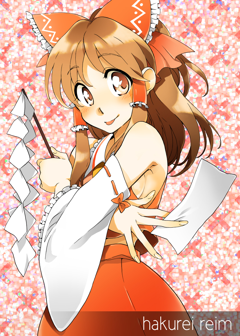 :p bad_id bad_pixiv_id bow breasts brown_eyes brown_hair character_name detached_sleeves hair_bow hakurei_reimu ofuda sideboob small_breasts solo tongue tongue_out touhou xacco