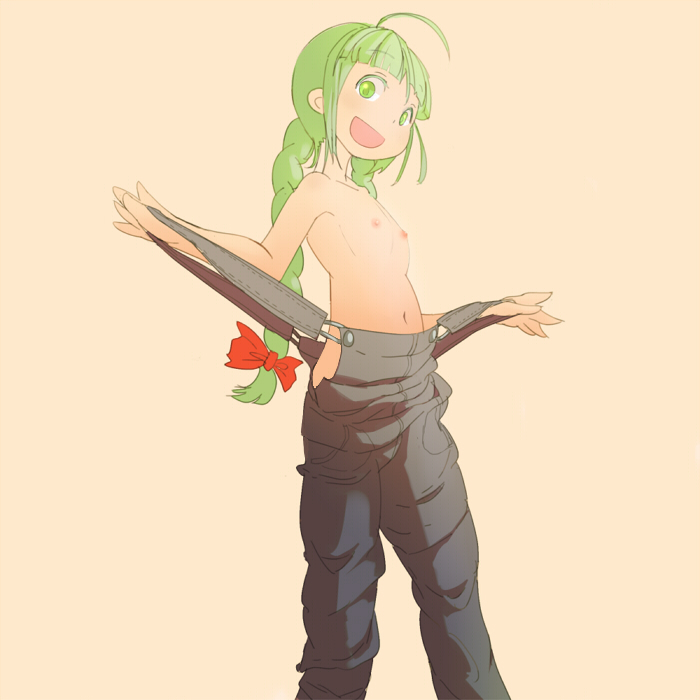 :d ahoge armpits braid flat_chest green_eyes green_hair me-tan naked_overalls navel nipples open_mouth os-tan overalls simple_background smile solo topless waaaaaaaaa