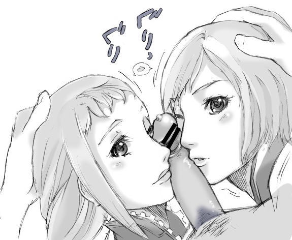 2girls ;o censored chin facejob fellatio forced from_above fuyusuke hand_on_head lips long_hair looking_up monochrome multiple_fellatio multiple_girls one_eye_closed oral penis penis_on_face pixiv2713180 pov precum rubbing sandwich simple_background wince wink