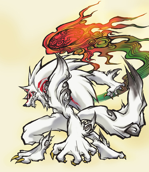 &#12473;&#12523; &#332;kami amaterasu anthro anthrofied canine capcom claws darkstalkers deity facial_markings fire flames fusion gallon jon_talbain mammal markings okami ookami_(game) plain_background solo standing tail vampire_(game) video_games were werewolf white_background wolf