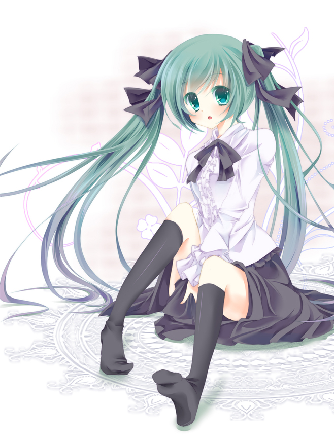 bad_id bad_pixiv_id frills green_eyes green_hair hatsune_miku kneehighs long_hair open_mouth sitting skirt solo twintails very_long_hair vocaloid yonema