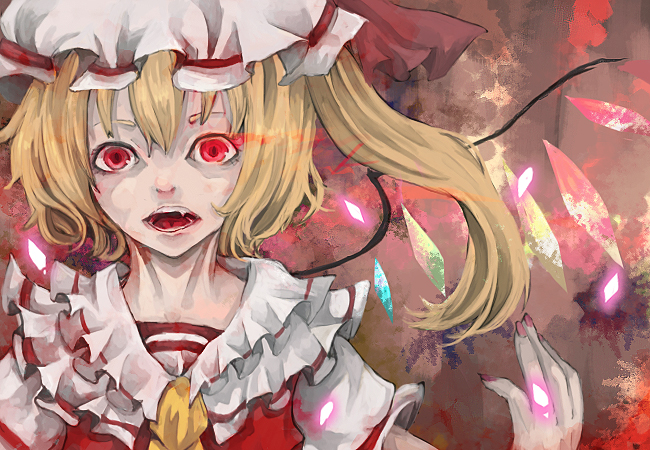 bad_id bad_pixiv_id blonde_hair crazy_eyes flandre_scarlet frea hat open_mouth red_eyes side_ponytail solo touhou upper_body wings