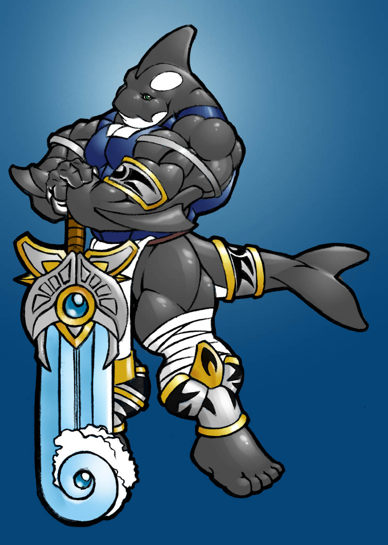 armor cetacean green_eyes grin looking_at_viewer male marine muscles orca solo standing sword tail tkc2021 weapon
