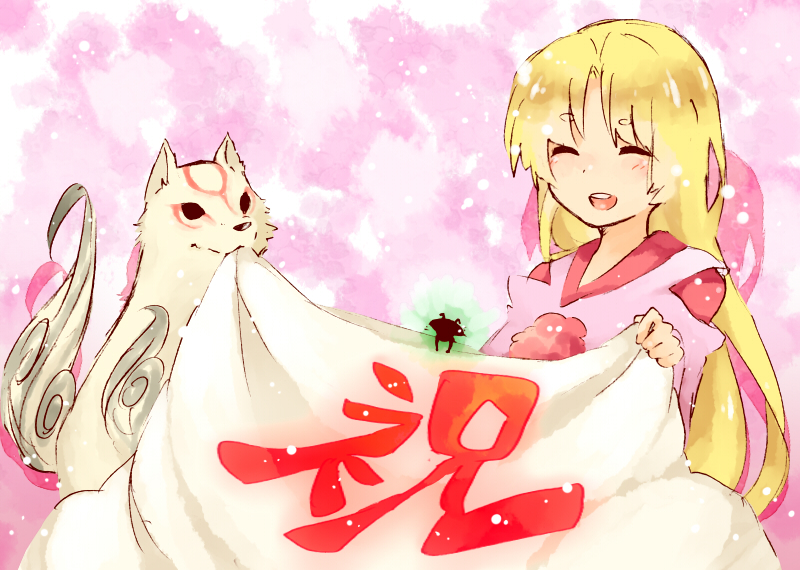 amaterasu antennae blonde_hair closed_eyes issun long_hair ookami_(game) translated ukata ushiwakamaru wolf