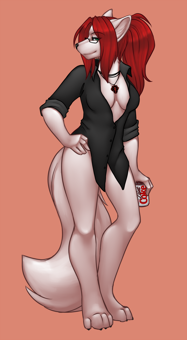 bottomless canine cleavage diet_coke female glasses green_eyes horde necklace pose projectblue02 red_hair shirt solo white