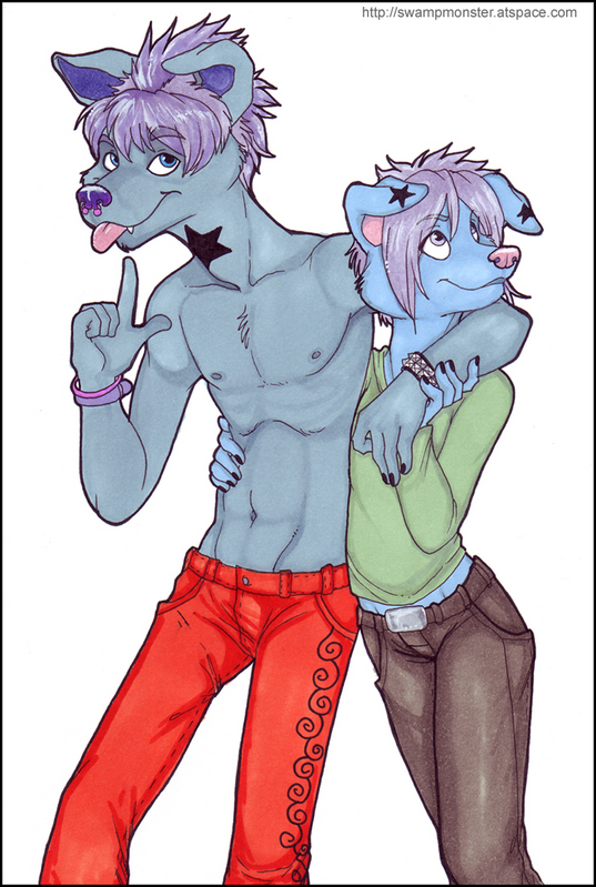 belt blue_eyes brother canine dog female grey_eyes hair holly_massey male nose_piercing pants purple_hair shirt short_hair siblings sister star tongue tongue_out