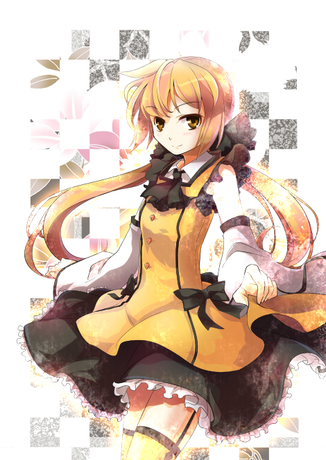 bare_shoulders blonde_hair detached_sleeves garter_straps h.n.elly_(kirsten) long_hair mahou_shoujo_madoka_magica personification smile solo thighhighs twintails yellow_eyes yetworldview_kaze