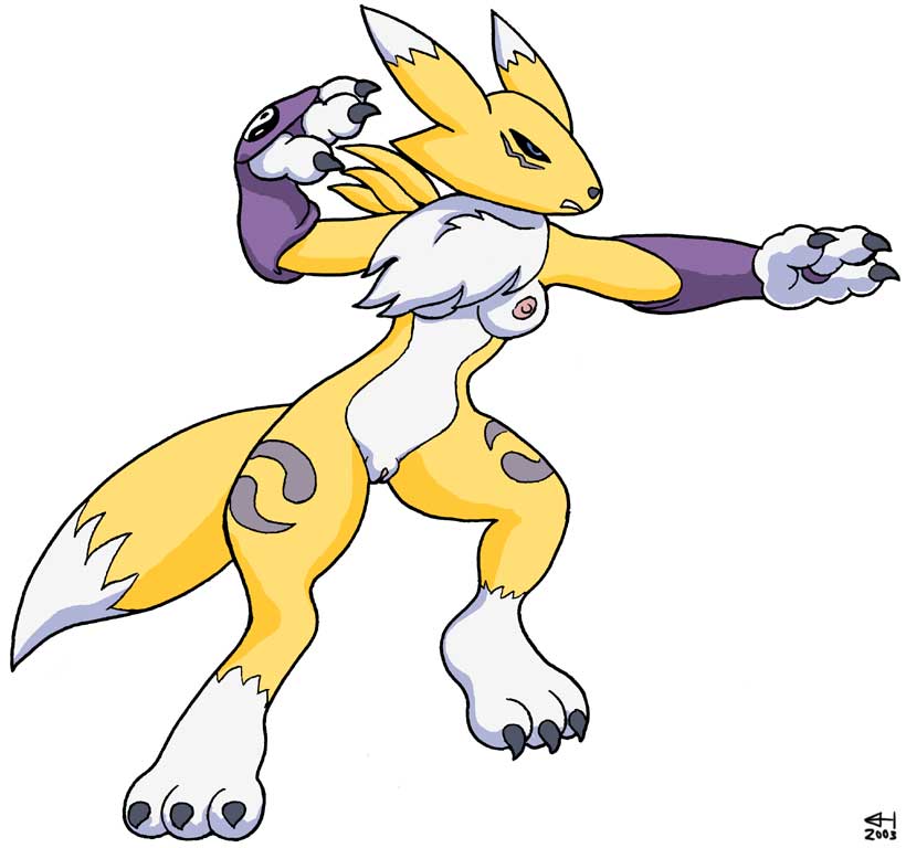 blue_eyes breasts canine claws digimon female fox gloves pussy renamon solo standing unknown_artist yellow