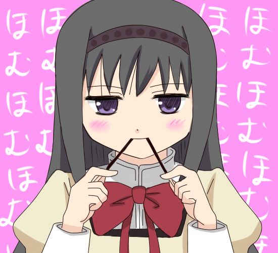 akemi_homura black_hair eating food hairband ho-lic homu long_hair mahou_shoujo_madoka_magica mitakihara_school_uniform pocky purple_eyes school_uniform solo