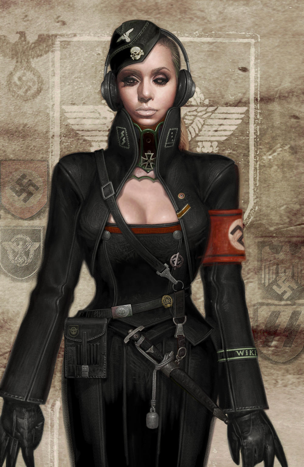 armband badge belt breasts bustier cleavage garrison_cap gloves hat headphones highres iron_cross jacket kcn large_breasts leather leather_jacket leather_skirt lingerie lips lipstick looking_at_viewer makeup nazi realistic skull_and_crossbones slit_pupils solo swastika tsurime underwear