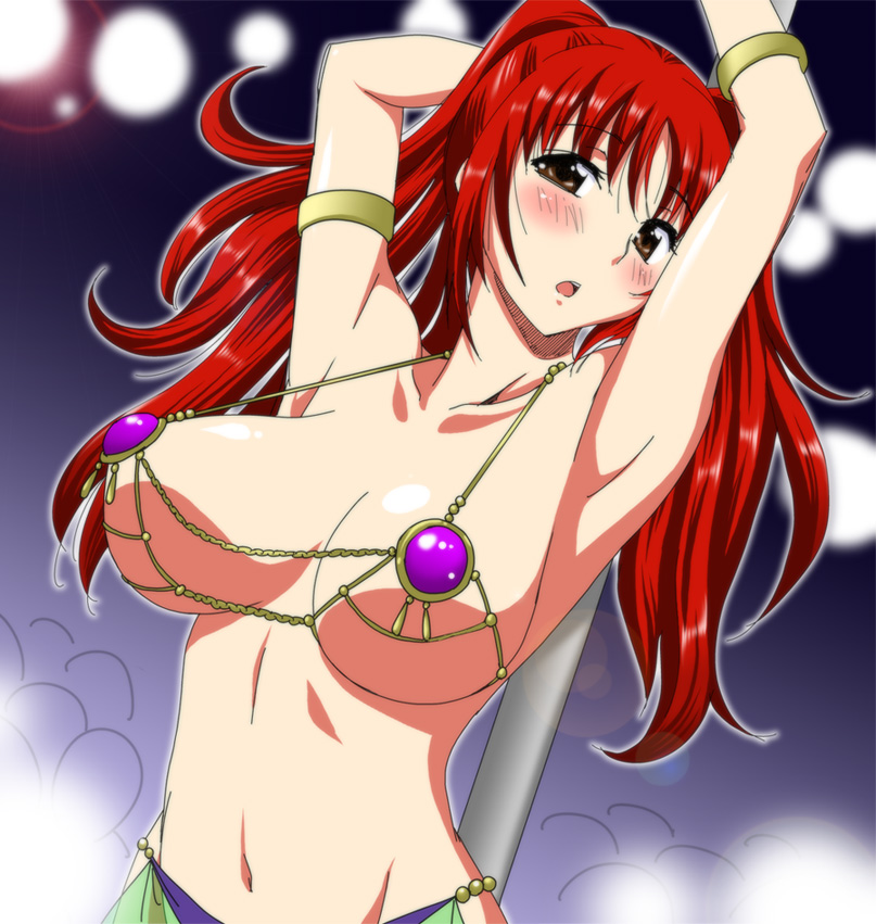 armband armpits bad_id bad_pixiv_id blush breasts brown_eyes dead_or_alive dead_or_alive_xtreme kousaka_tamaki large_breasts long_hair marugoshi_teppei navel open_mouth pole pole_dancing red_hair solo stripper stripper_pole to_heart_2 twintails venus_bikini