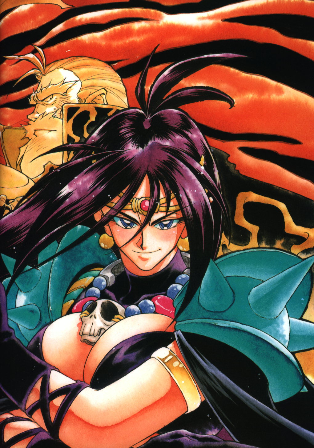 1girl 90s araizumi_rui black_hair breasts character_request circlet earrings highres jewelry large_breasts long_hair naga_the_serpent scan shoulder_pads slayers smile spikes