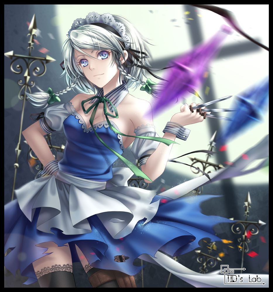 apron bare_shoulders black_border black_legwear black_ribbon blue_dress blue_eyes border bow braid breasts cleavage detached_collar detached_sleeves dress flandre_scarlet green_neckwear green_ribbon hair_bow hand_on_hip holding holding_knife holster izayoi_sakuya knife knives_between_fingers lace looking_at_viewer maid maid_apron maid_headdress medium_breasts multiple_girls neck_ribbon out_of_frame puffy_short_sleeves puffy_sleeves ribbon short_hair short_sleeves silver_hair smile solo_focus strapless strapless_dress thigh_holster thighhighs tidsean torn_clothes touhou twin_braids waist_apron white_apron wrist_cuffs zettai_ryouiki